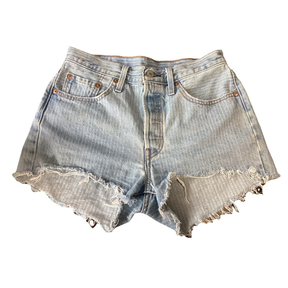 Women's Levi's 501 Stripes Blue Denim Jean Shorts Button Fly Frayed Hem sz 28